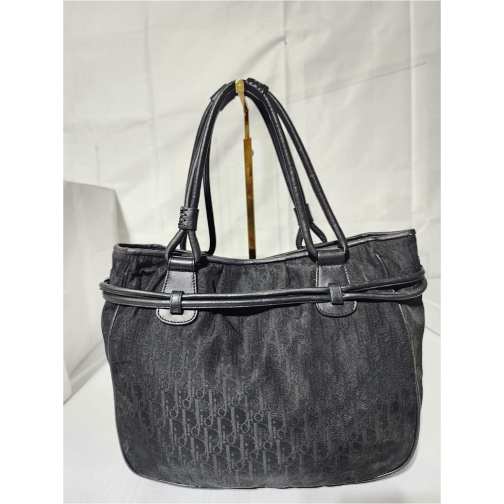 Authentic CHRISTIAN DIOR Trotter Canvas Bow Small Tote Bag Black - Picture 4 of 12
